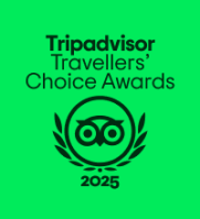 Tripadvisor Travellers' Choice Awards 2025 logo with owl icon on green background.