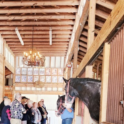 a group of people walking on a brick building